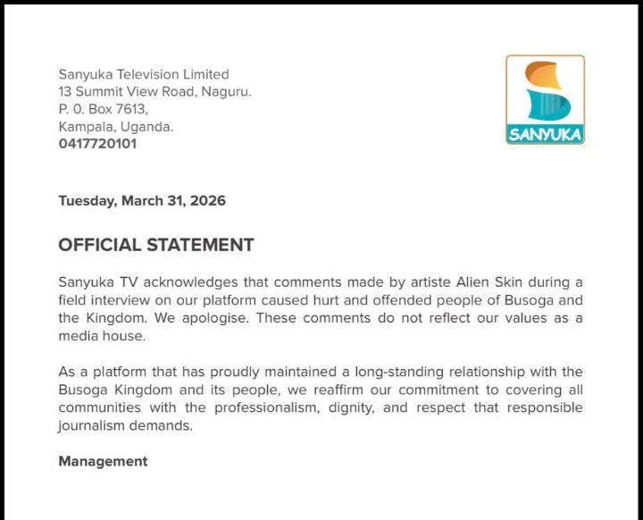 Sanyuka TV Issues Official Apology Over Alien Skin Comments About Busoga